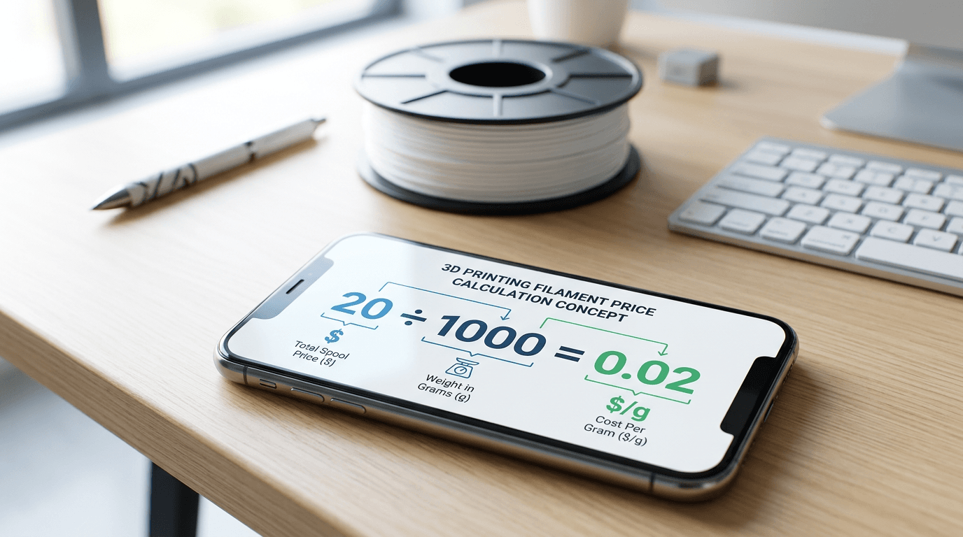 Calculator showing price per gram formula with 3D filament spool – $20 ÷ 1000g = $0.02/g comparison