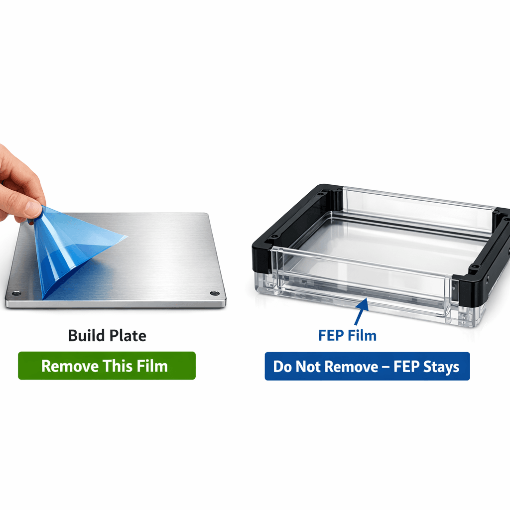Resin 3D printer build plate film vs vat FEP film. Which to remove