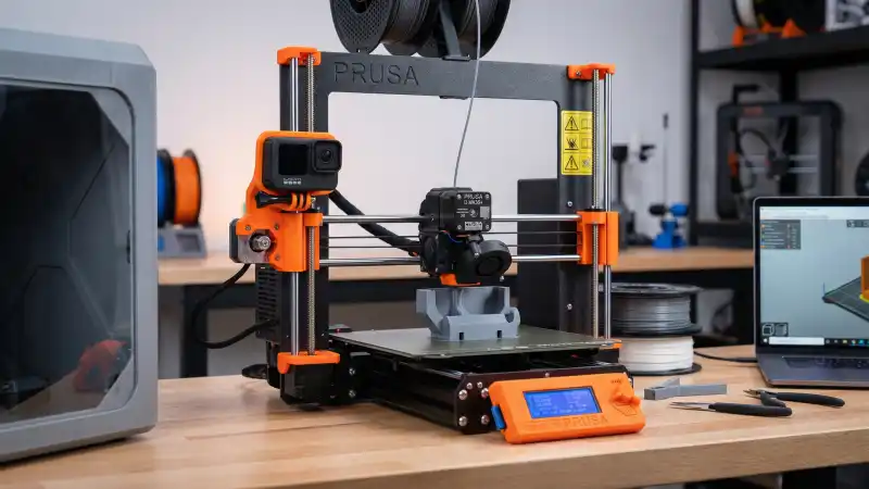3D printer nozzle with camera mount near hotend – custom printed enclosure for timelapse filming