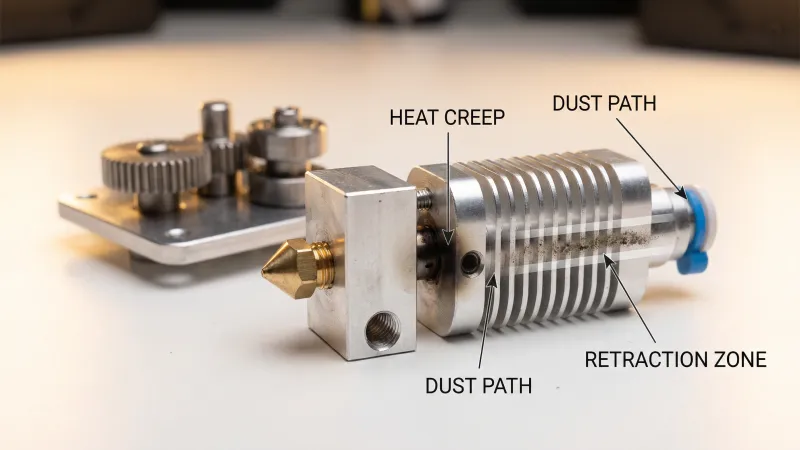 3D printer hotend and extruder – common causes of nozzle clogging and extruder clicking with no filament