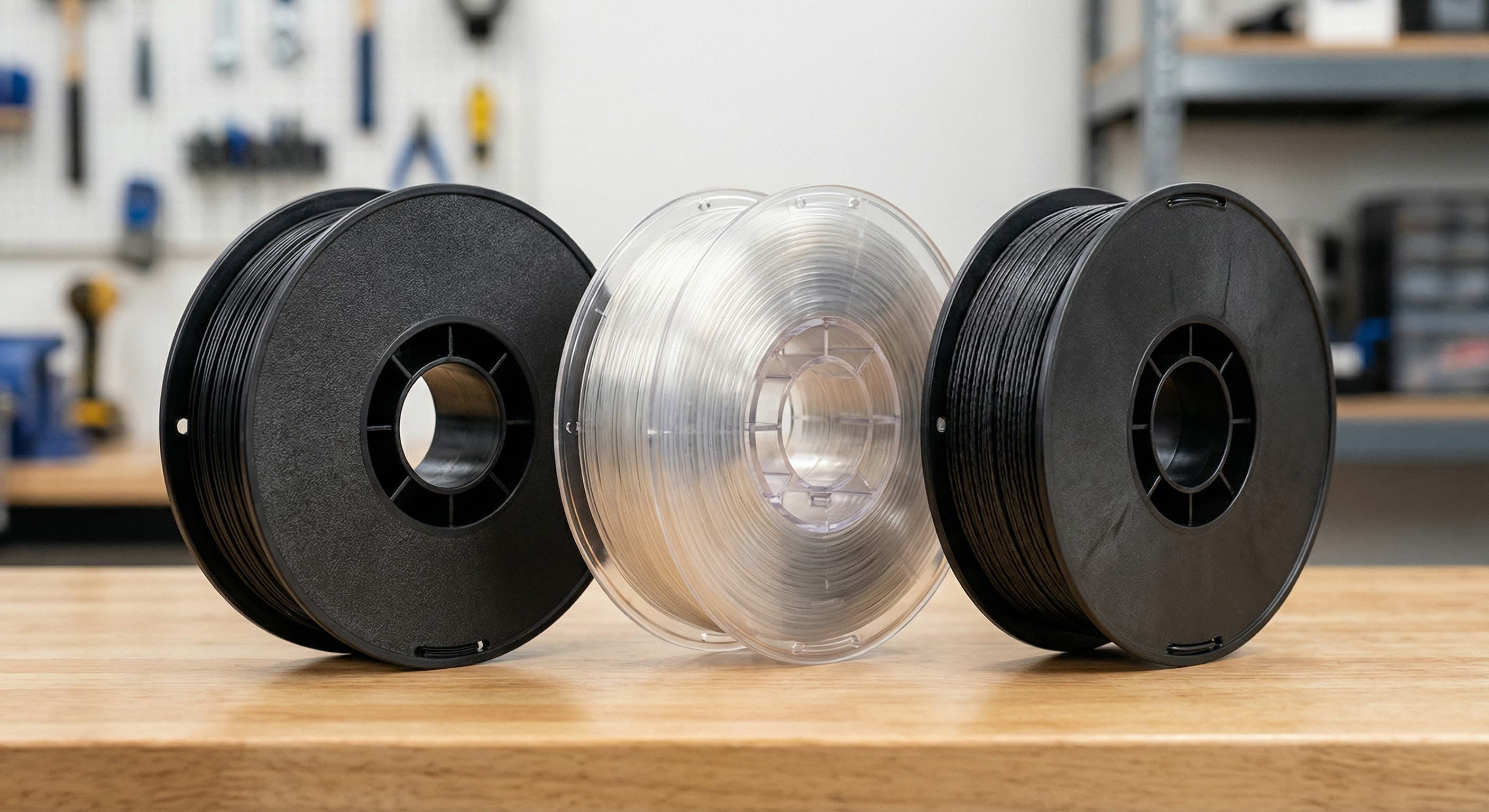 Nylon, polycarbonate and carbon fiber 3D printer filament spools. Industrial filaments comparison 2026