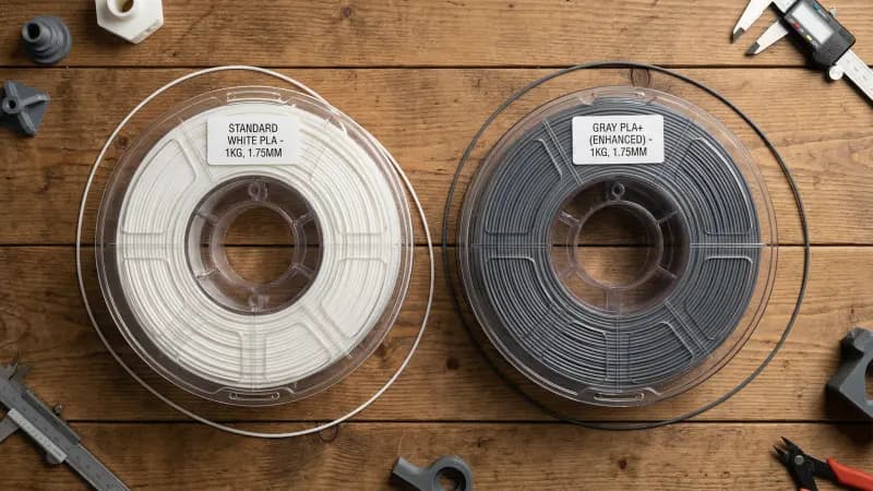 PLA and PLA+ filament spools side by side – comparison for 3D printing strength and print settings