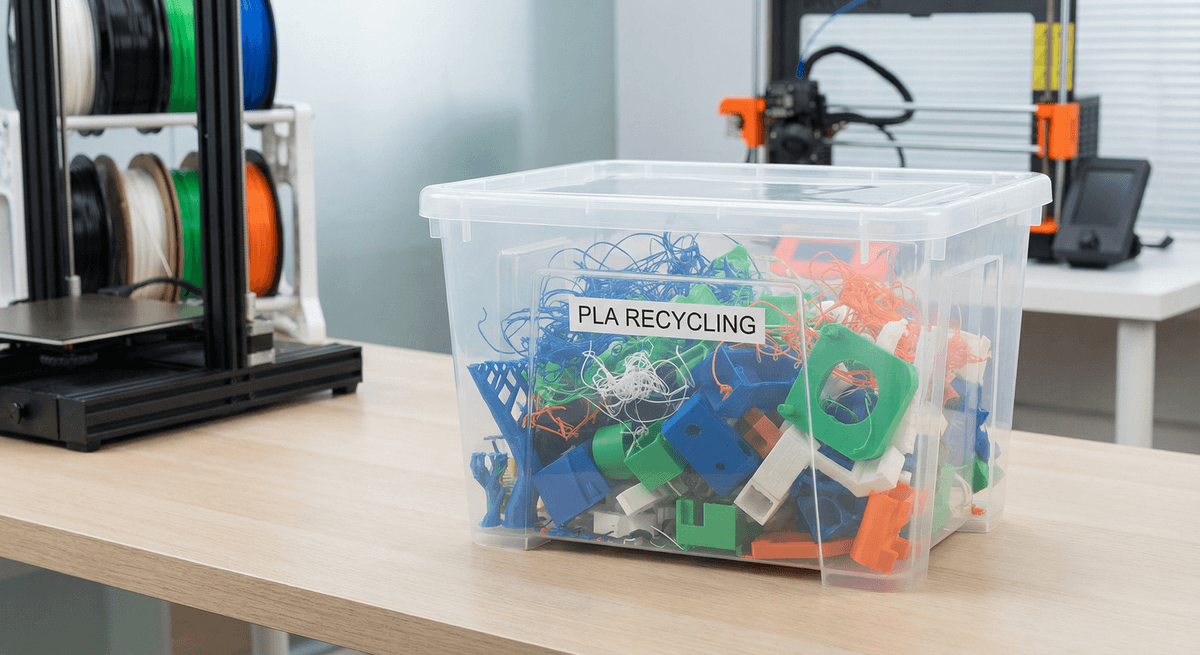 PLA 3D printing waste. Failed prints and scraps in storage bin for recycling