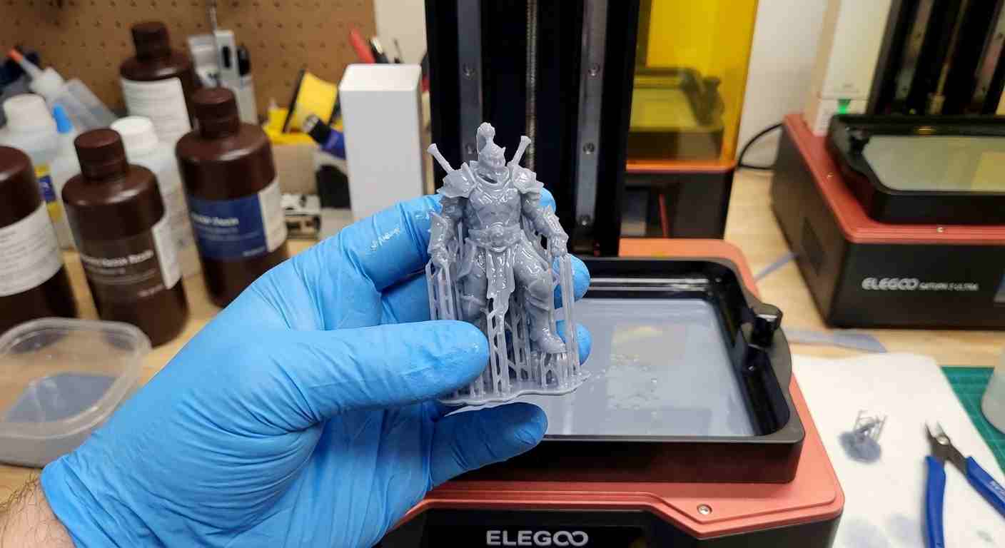 Resin 3D print miniature with supports – hot water method for clean support removal