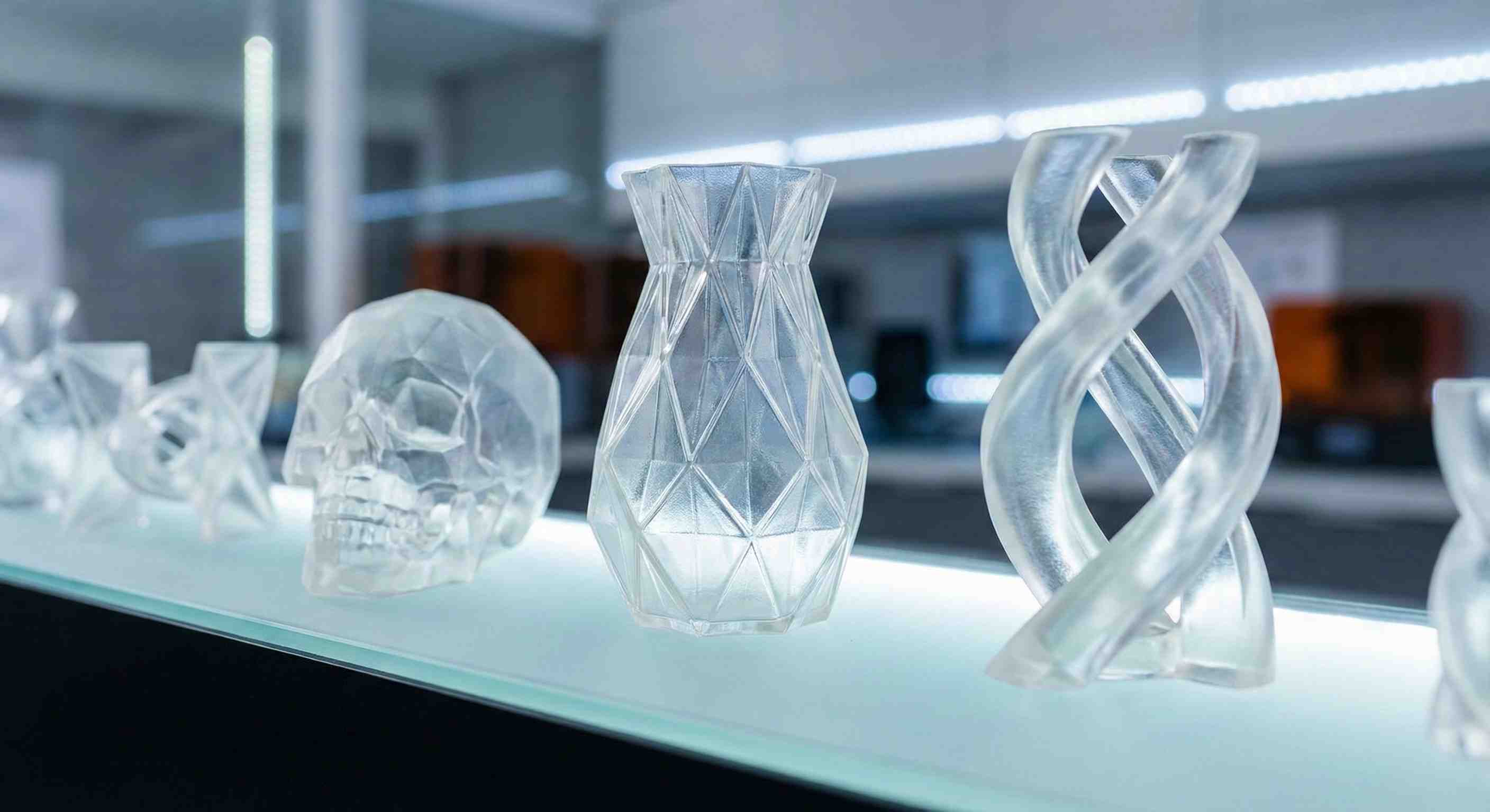Clear transparent resin 3D printed shapes with crystal-like finish