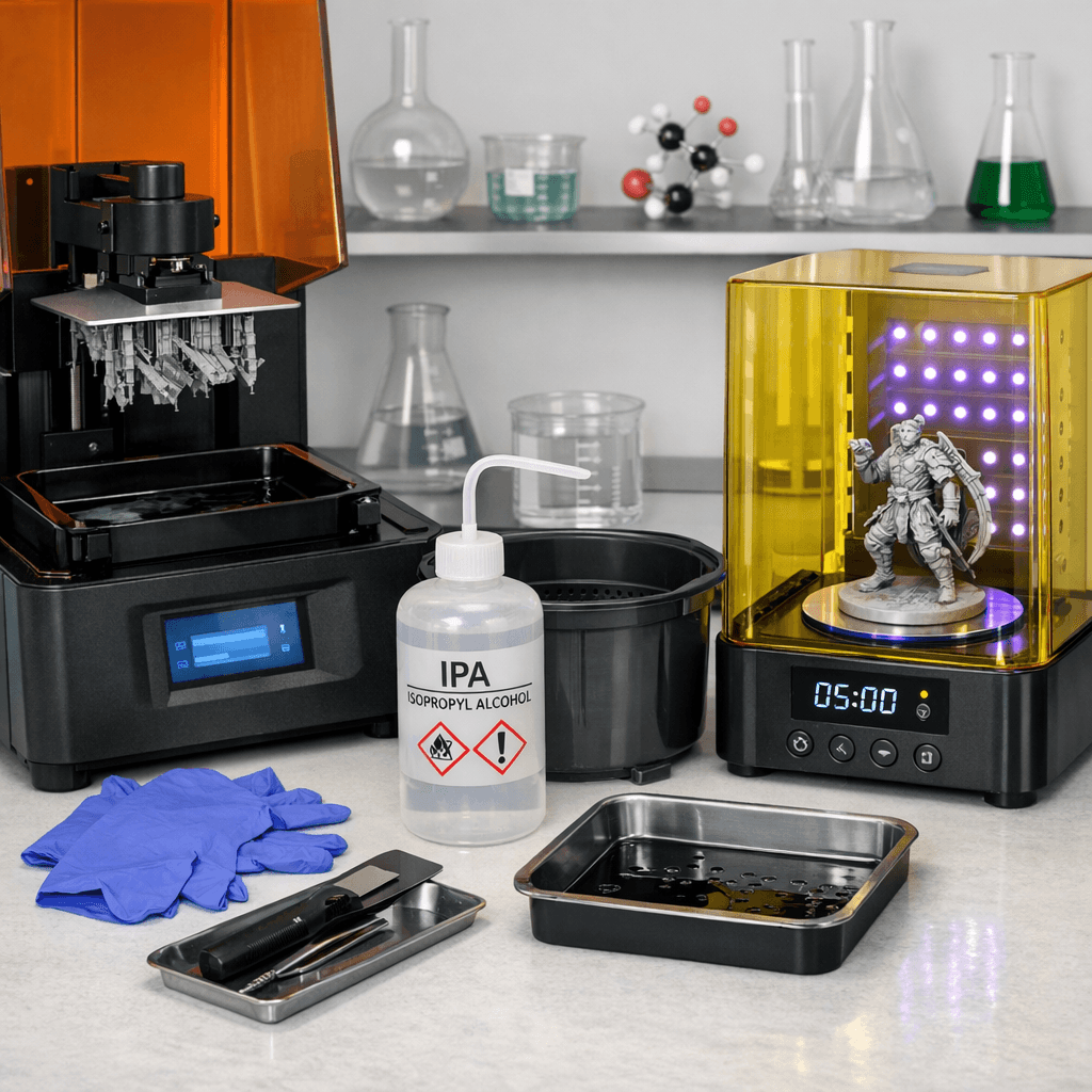 Resin 3D printer with wash and cure station setup