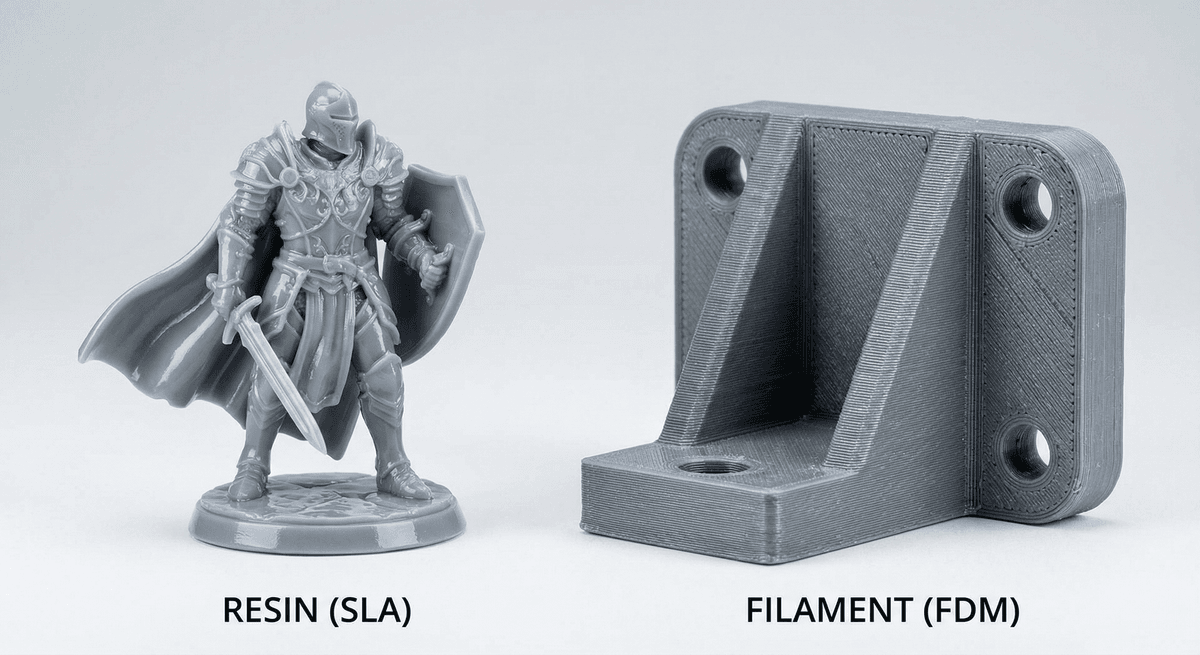 Resin vs filament 3D print comparison – smooth miniature vs functional part