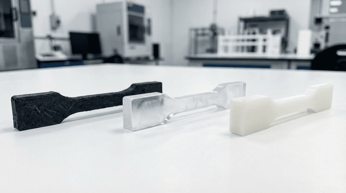 Tensile test dog-bone specimens from carbon fiber nylon, polycarbonate and nylon 3D printed filament