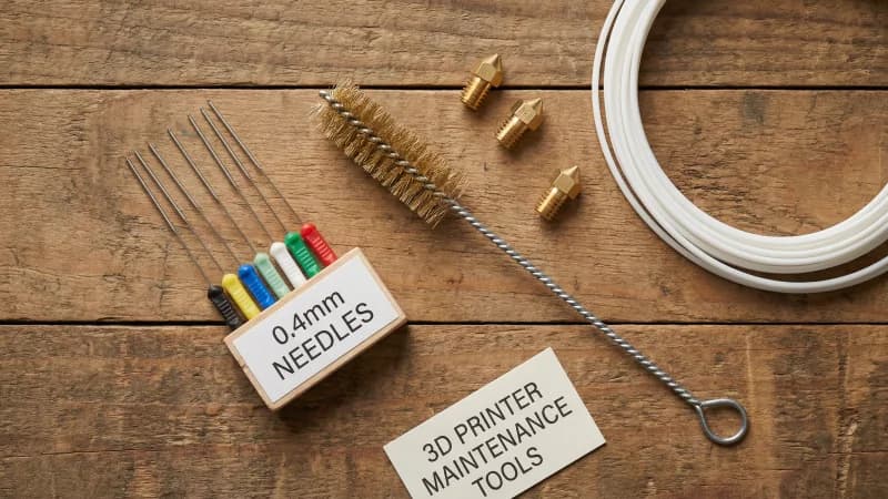 3D printer nozzle cleaning tools – acupuncture needles, brass brush, replacement nozzles on workbench for unclogging nozzle