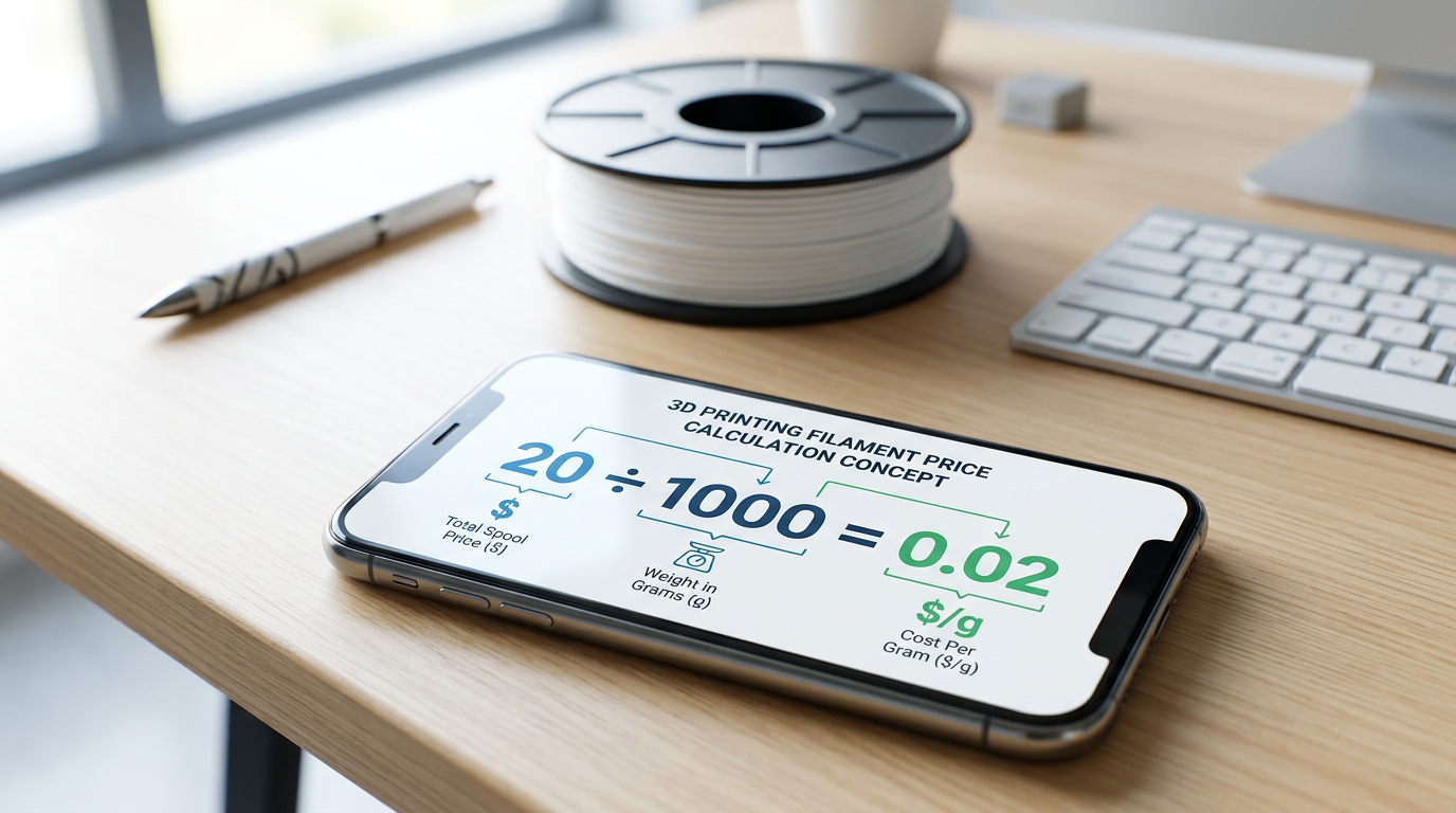 Calculator showing price per gram formula with 3D filament spool – $20 ÷ 1000g = $0.02/g comparison