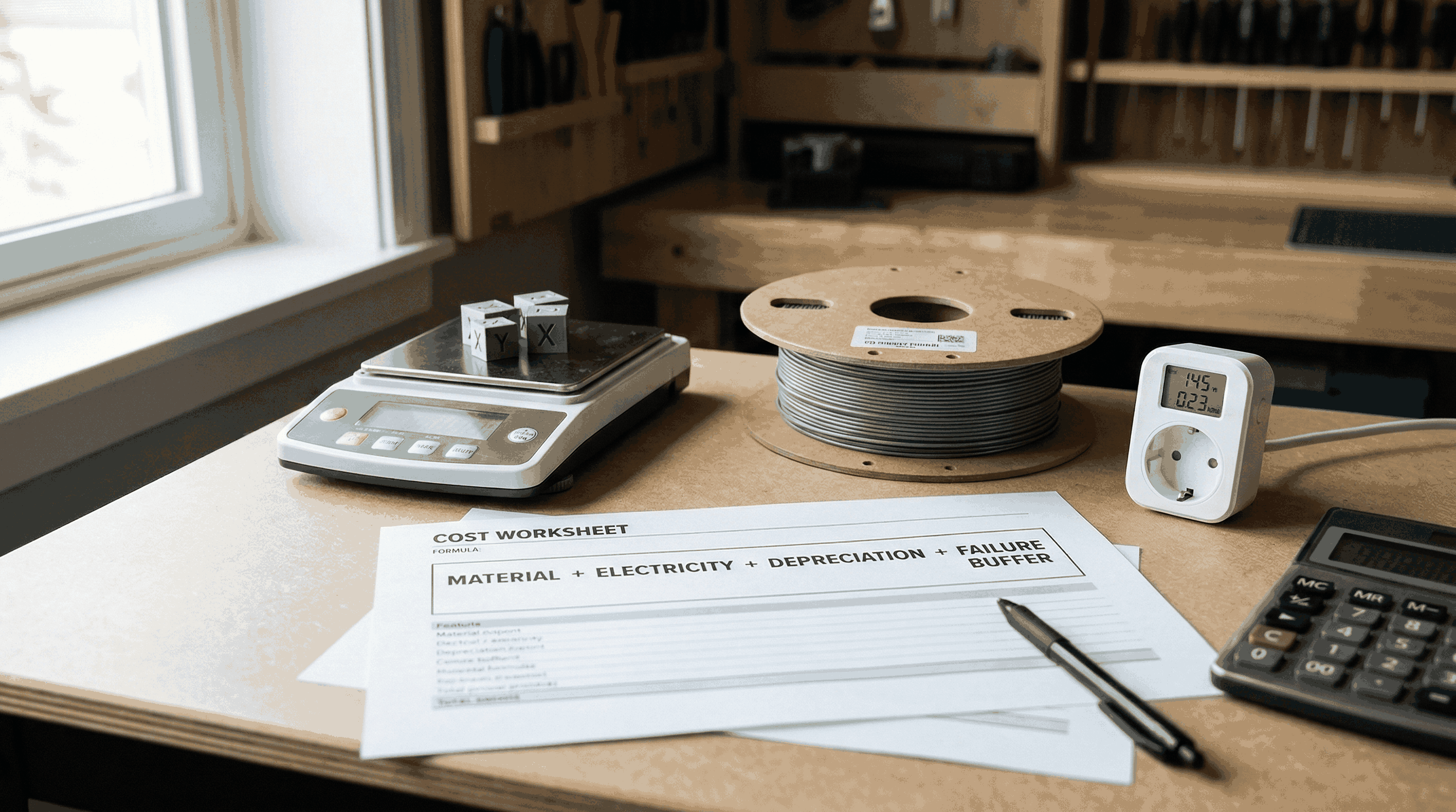 Maker desk with side hustle pricing sheet showing costs margin and final selling price