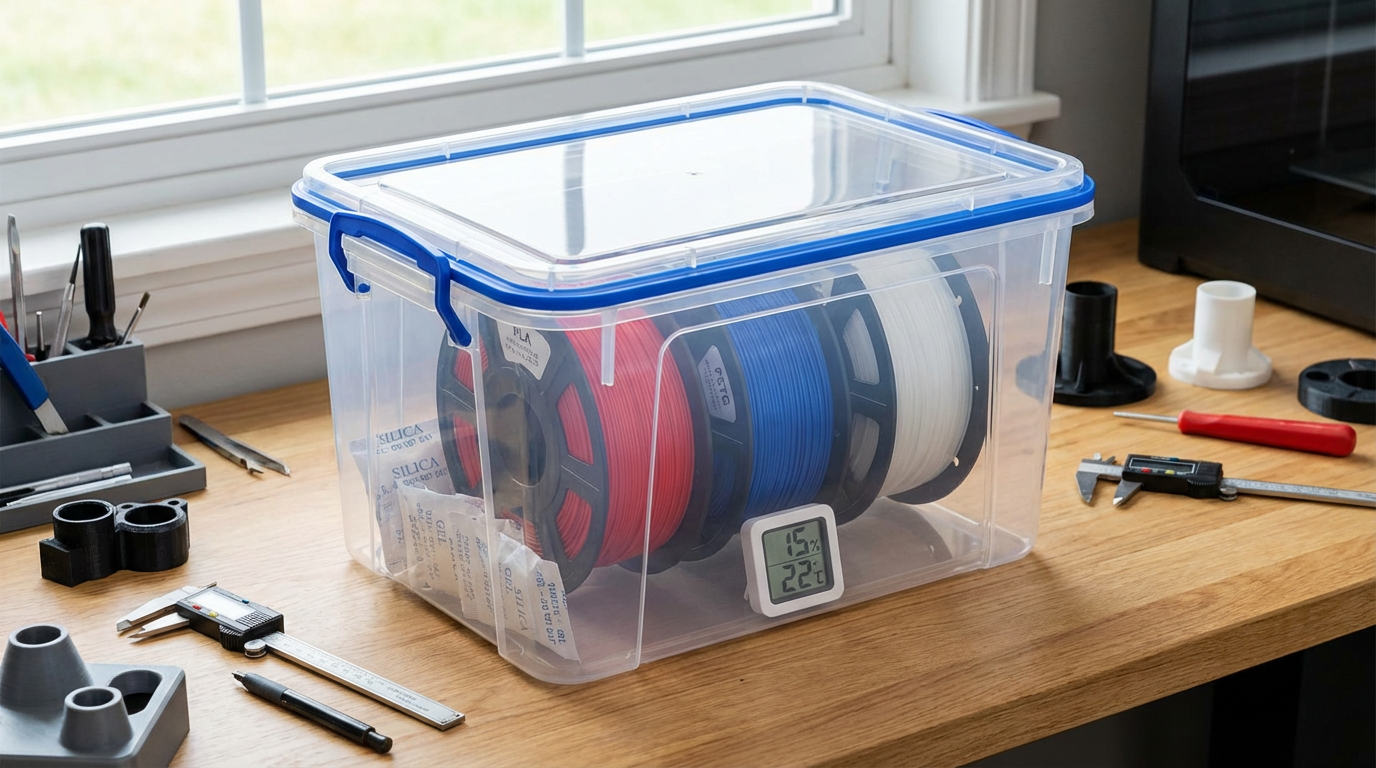 Airtight plastic bin with filament spools and digital hygrometer for moisture-free storage