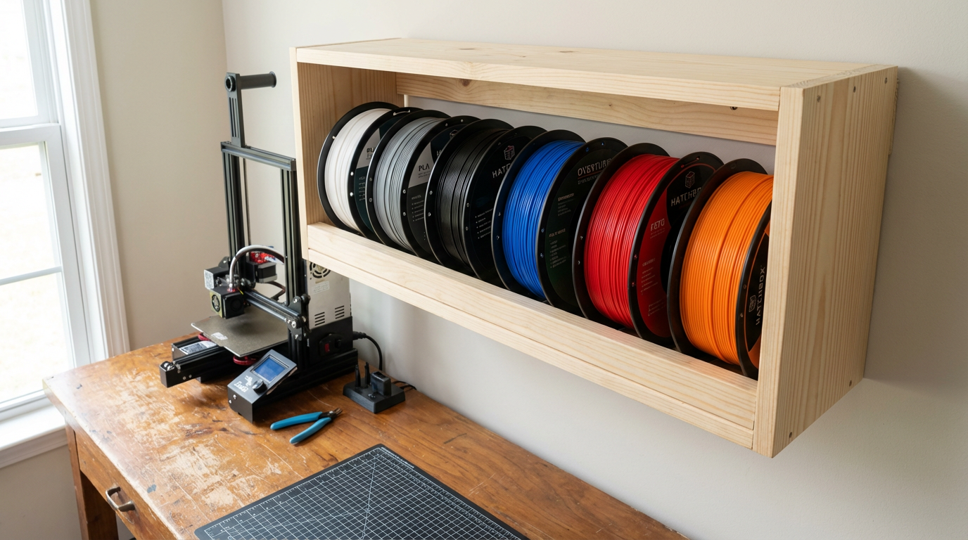 Organized 3D printer filament spools on DIY shelf – cheap filament storage and workshop organization