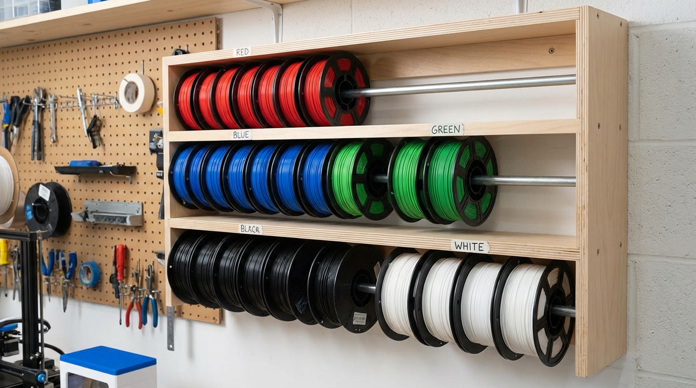 Filament rack with spools sorted by color – organization prevents forgotten filament waste