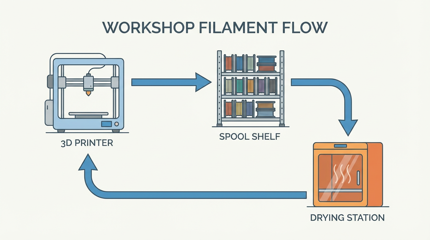 Workshop flow diagram: printer, shelf, drying station – organized filament workflow