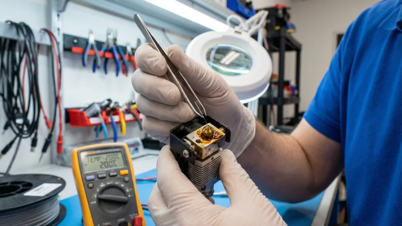 0.4mm acupuncture needle clearing burnt PLA from 3D printer nozzle – hot nozzle maintenance