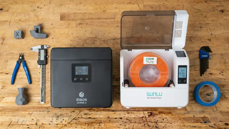 Best filament dryers for PETG 2026 – Sunlu S2 and Eibos dryer boxes with spool inside, stop bubbles and stringing