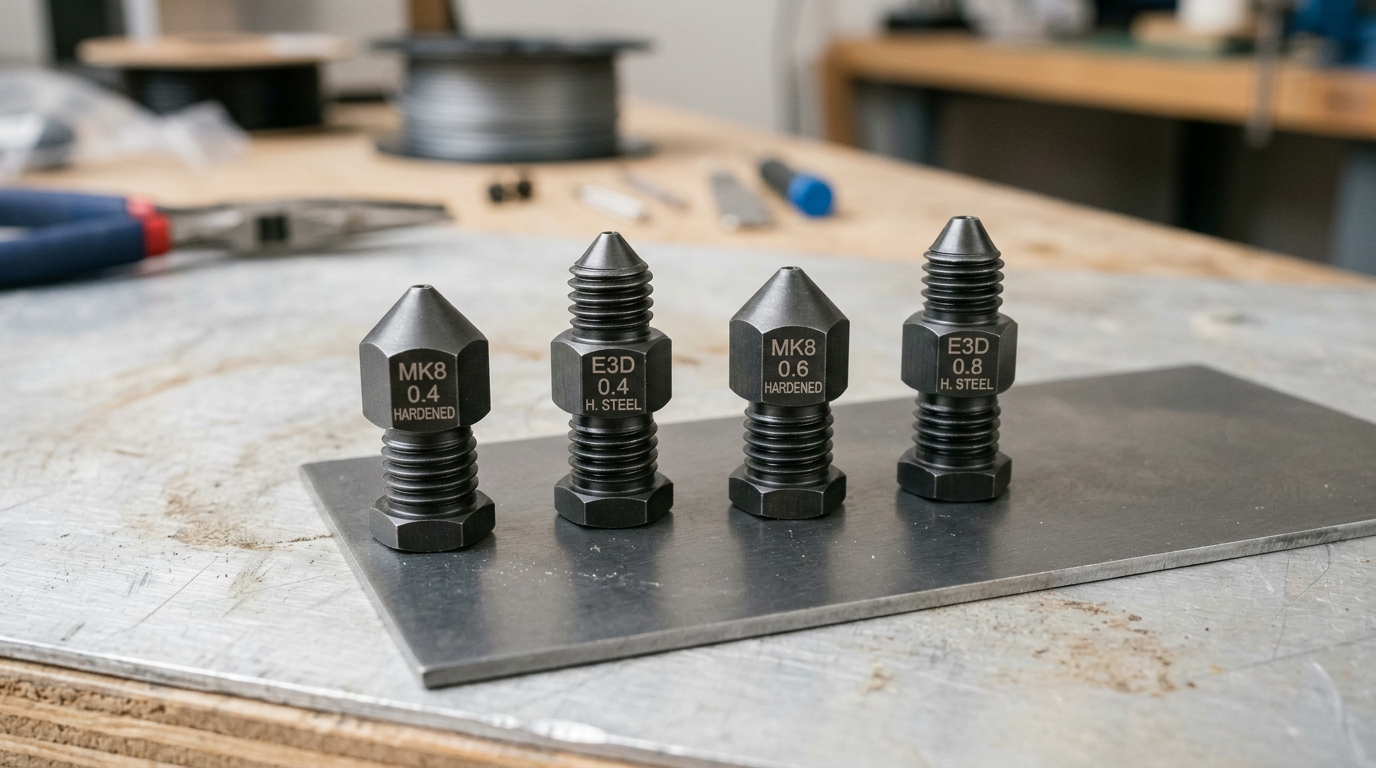 Hardened steel 3D printer nozzle for carbon-filled PETG – essential for abrasive filaments