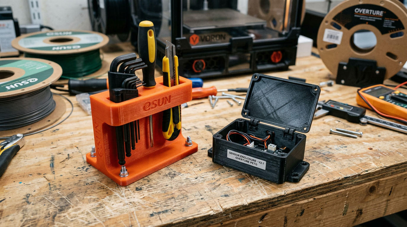 3D printed mechanical parts in PETG – tool holder and enclosure made with eSUN and Overture filament for strength