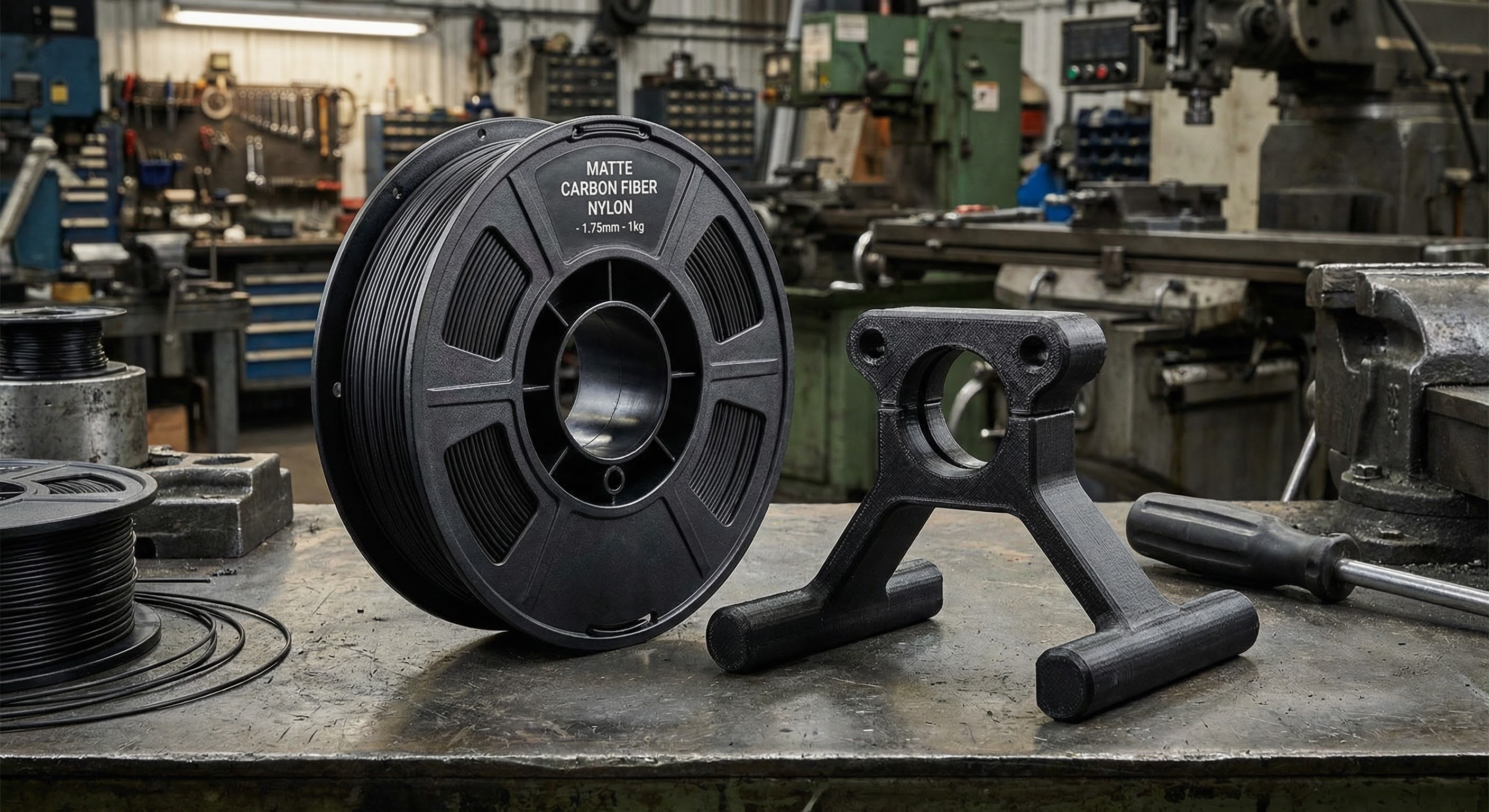 Matte black carbon fiber nylon PA-CF filament spool and 3D printed drone bracket on workshop table
