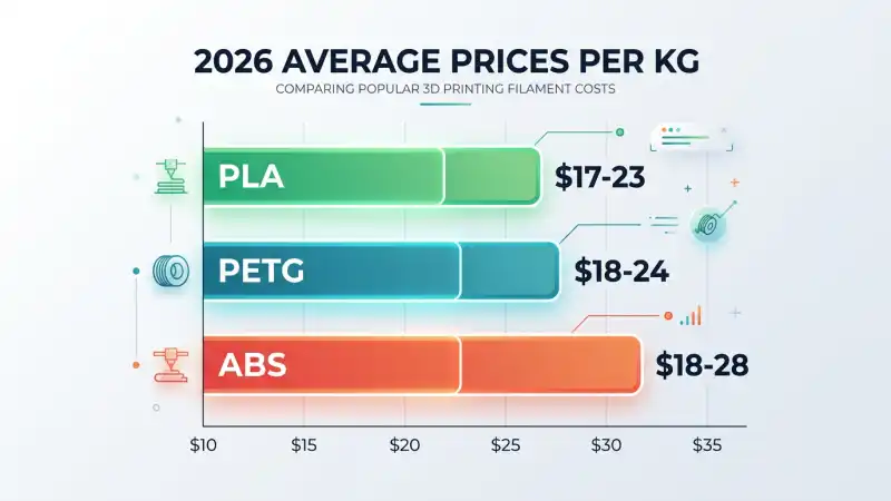 3D filament price ranges 2026 – PLA PETG ABS bar chart comparison by material