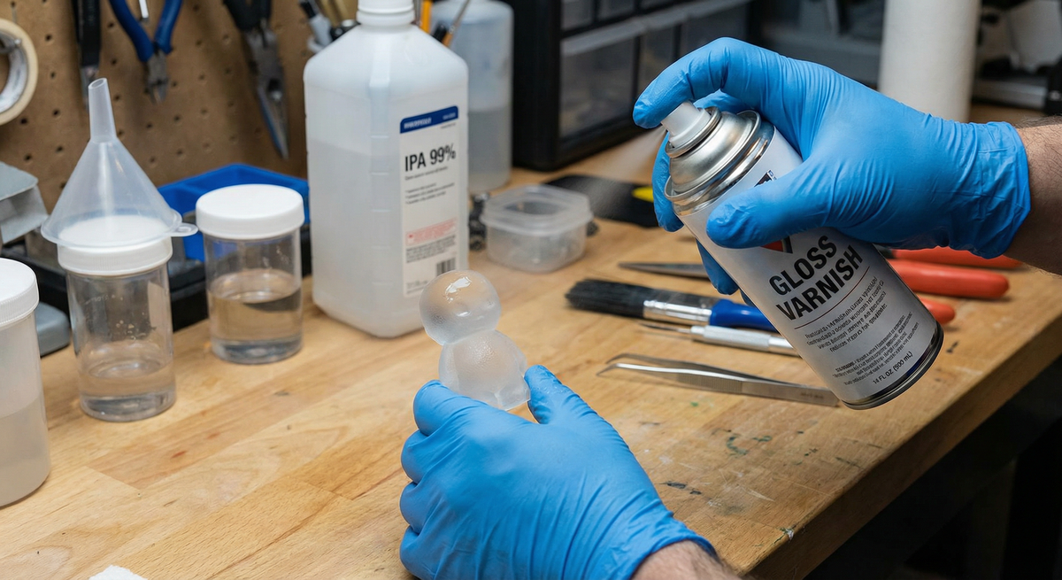 Applying gloss clear coat spray to frosted resin print. Hands in gloves, spray can, workshop setup.