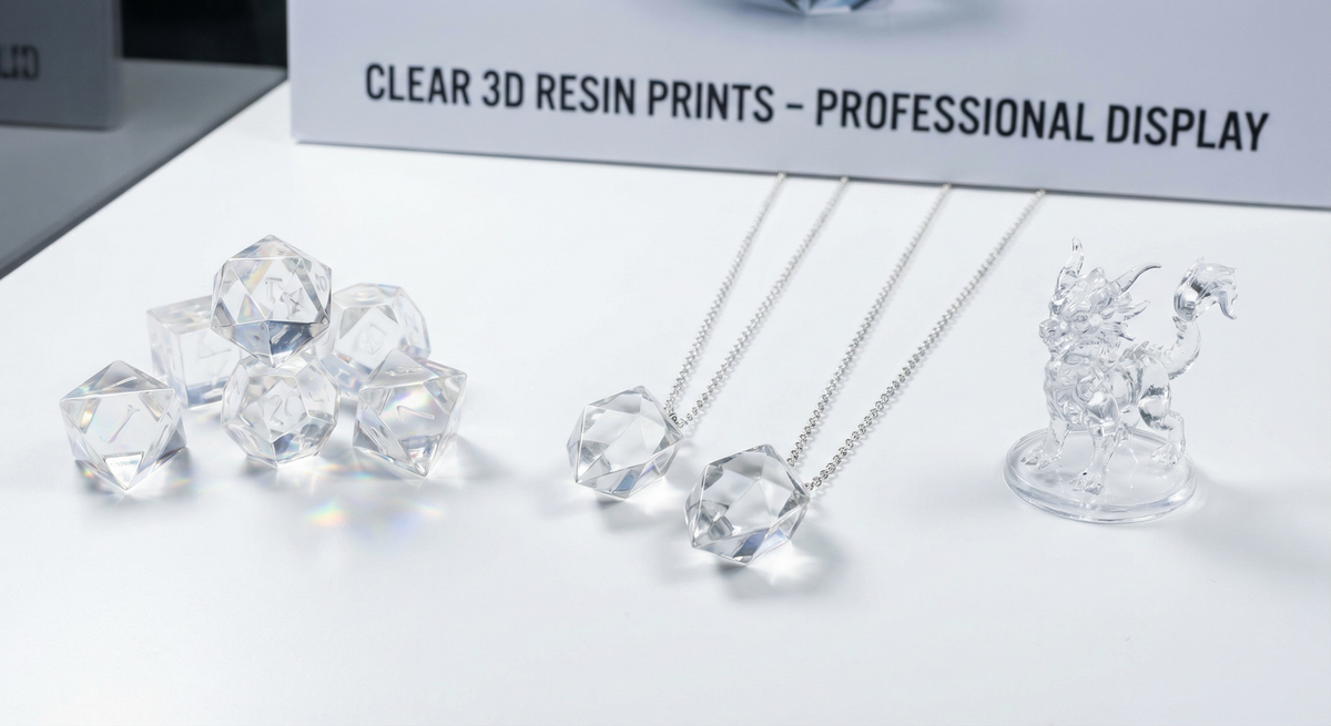 Cool clear 3D resin prints with glass-like finish. Transparent resin jewelry and miniatures