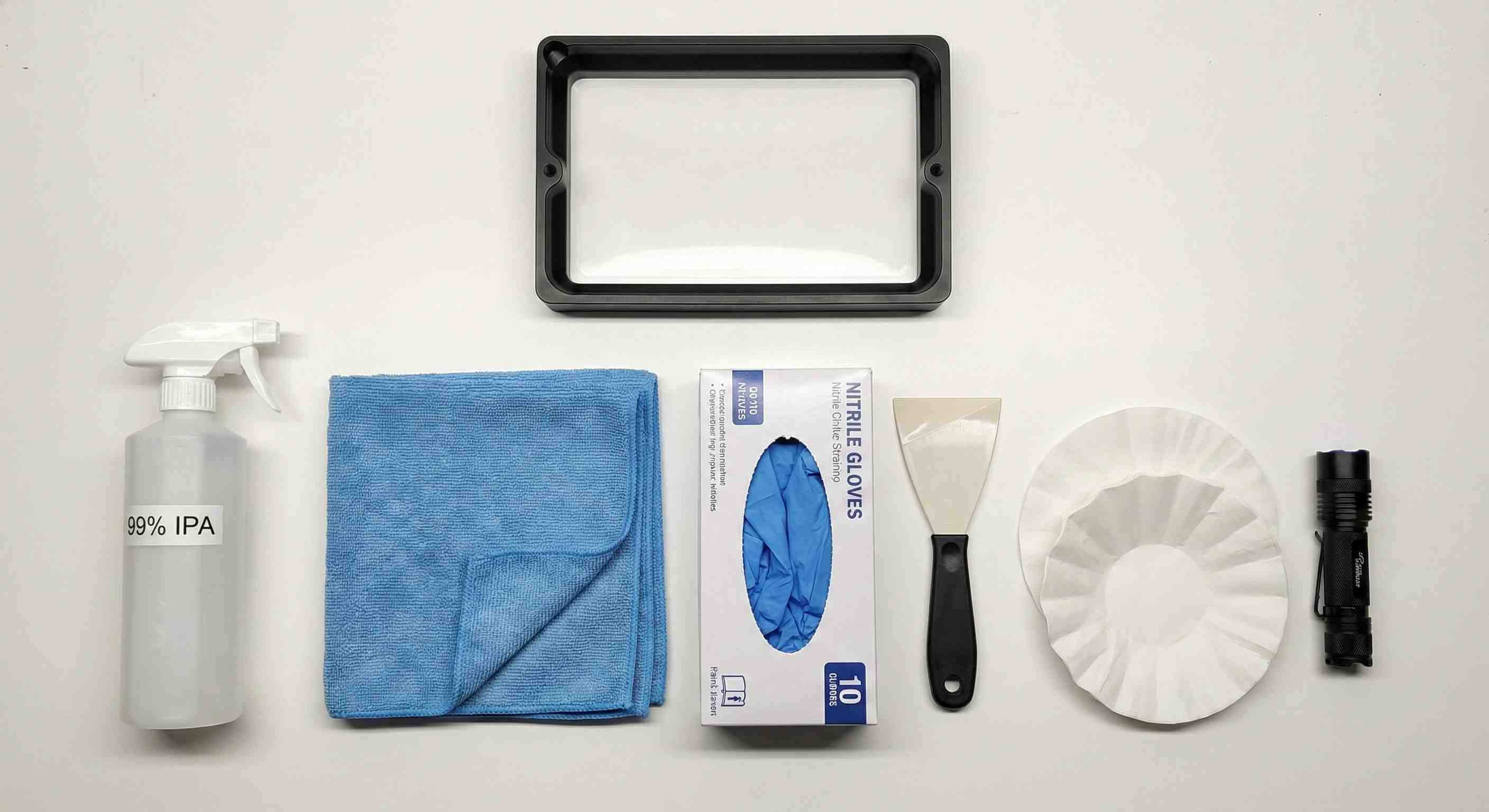 Essential resin vat cleaning tools and supplies – paint strainers, IPA, microfiber, nitrile gloves