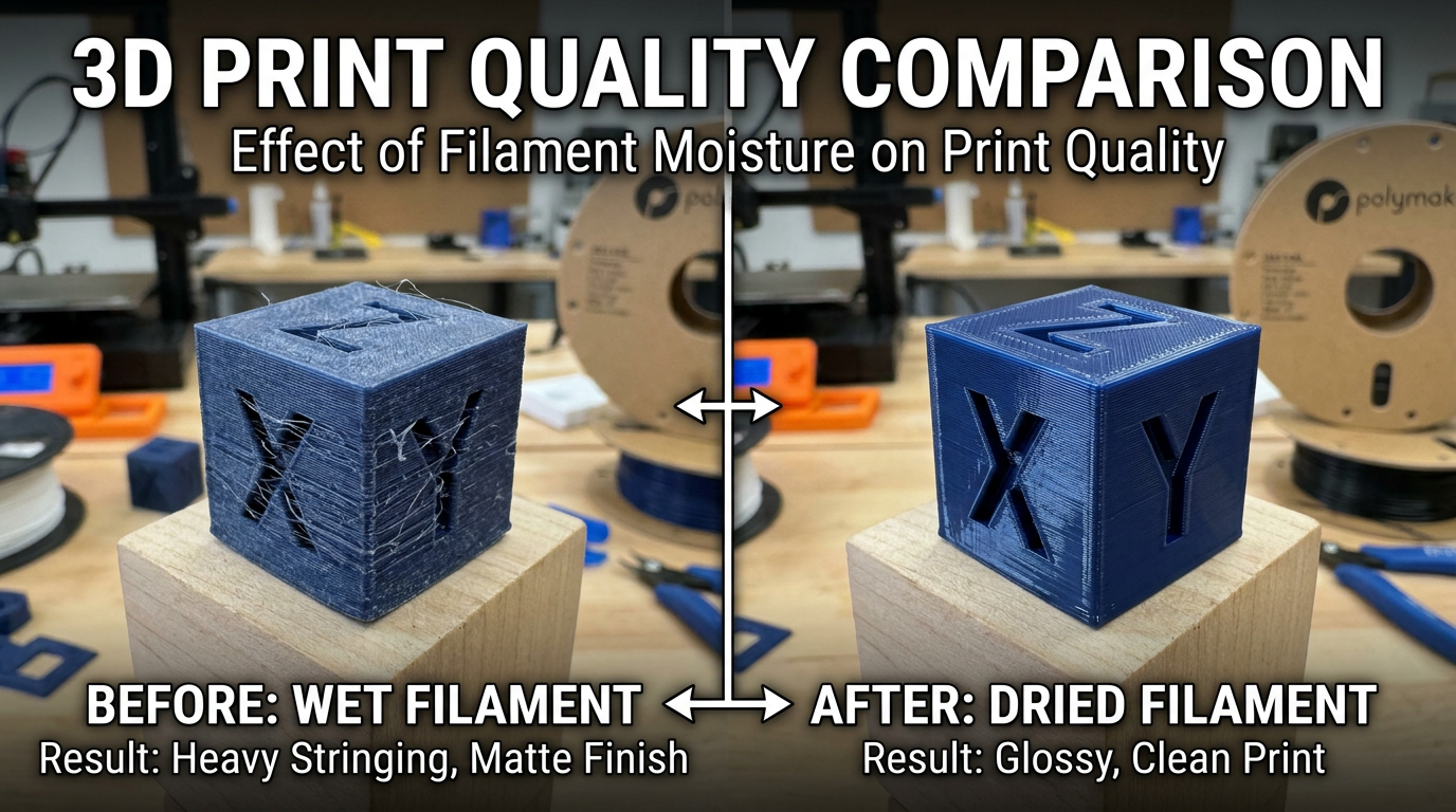 Wet filament vs dried filament – stringing and frosted surface before regeneration, glossy after drying