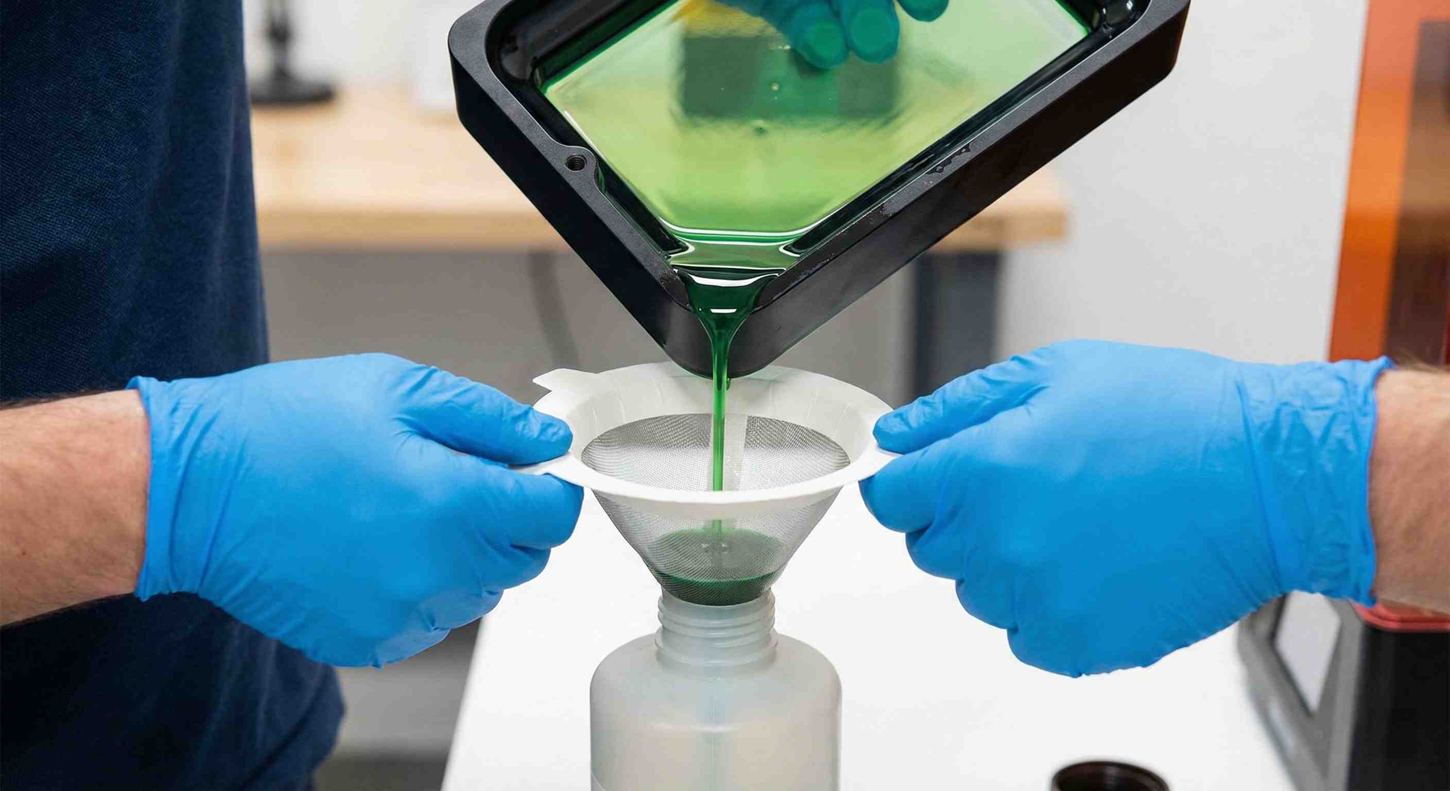 Filtering used resin from vat into bottle with paint strainer – reuse resin safely