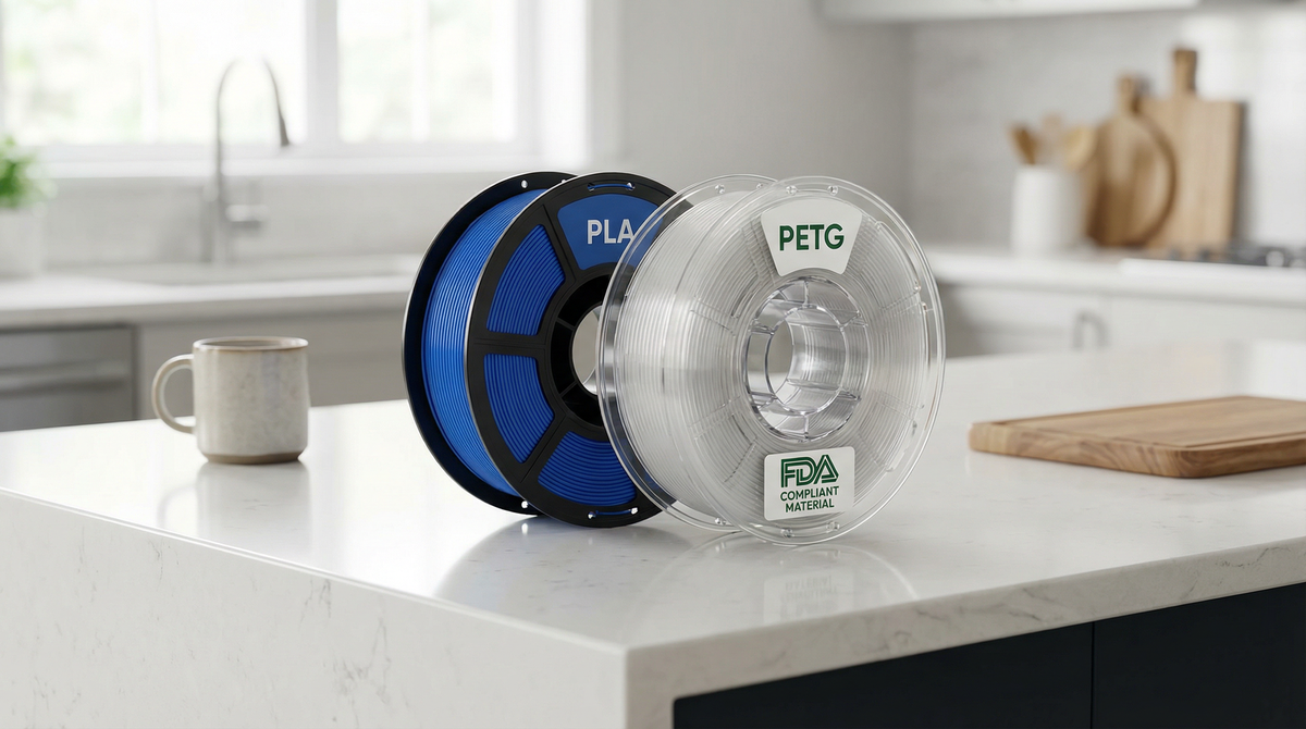 PLA and PETG filament spools with FDA food contact compliance labels. Kitchen counter setting