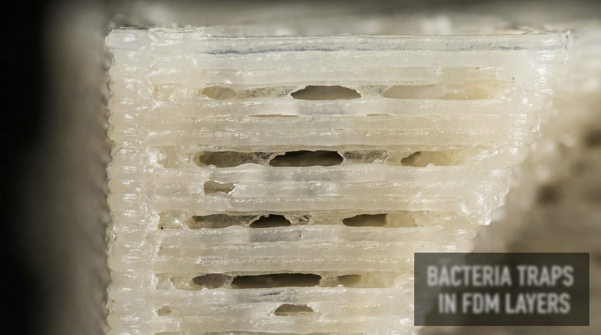 Close-up of 3D printed layers showing crevices where bacteria can grow between FDM print layers