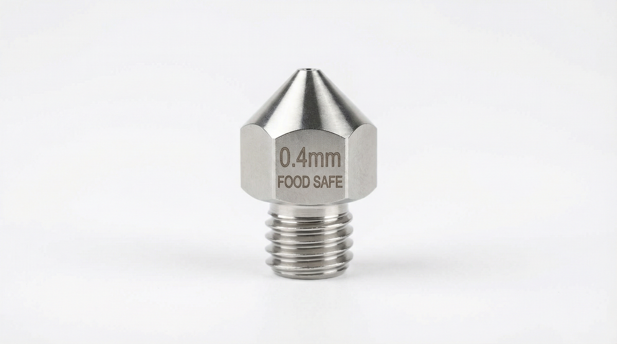 Stainless steel 3D printer nozzle for food safe printing. Brass nozzles may contain lead