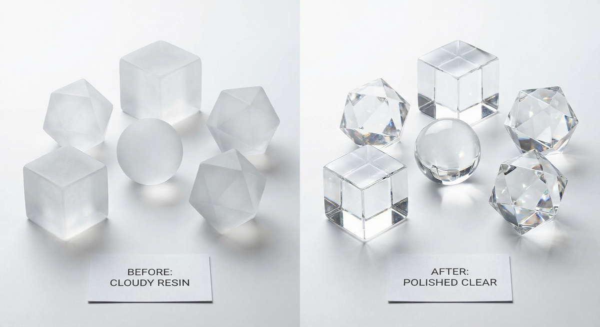 Clear resin 3D prints before and after gloss coat. Frosted to glass-like transparency