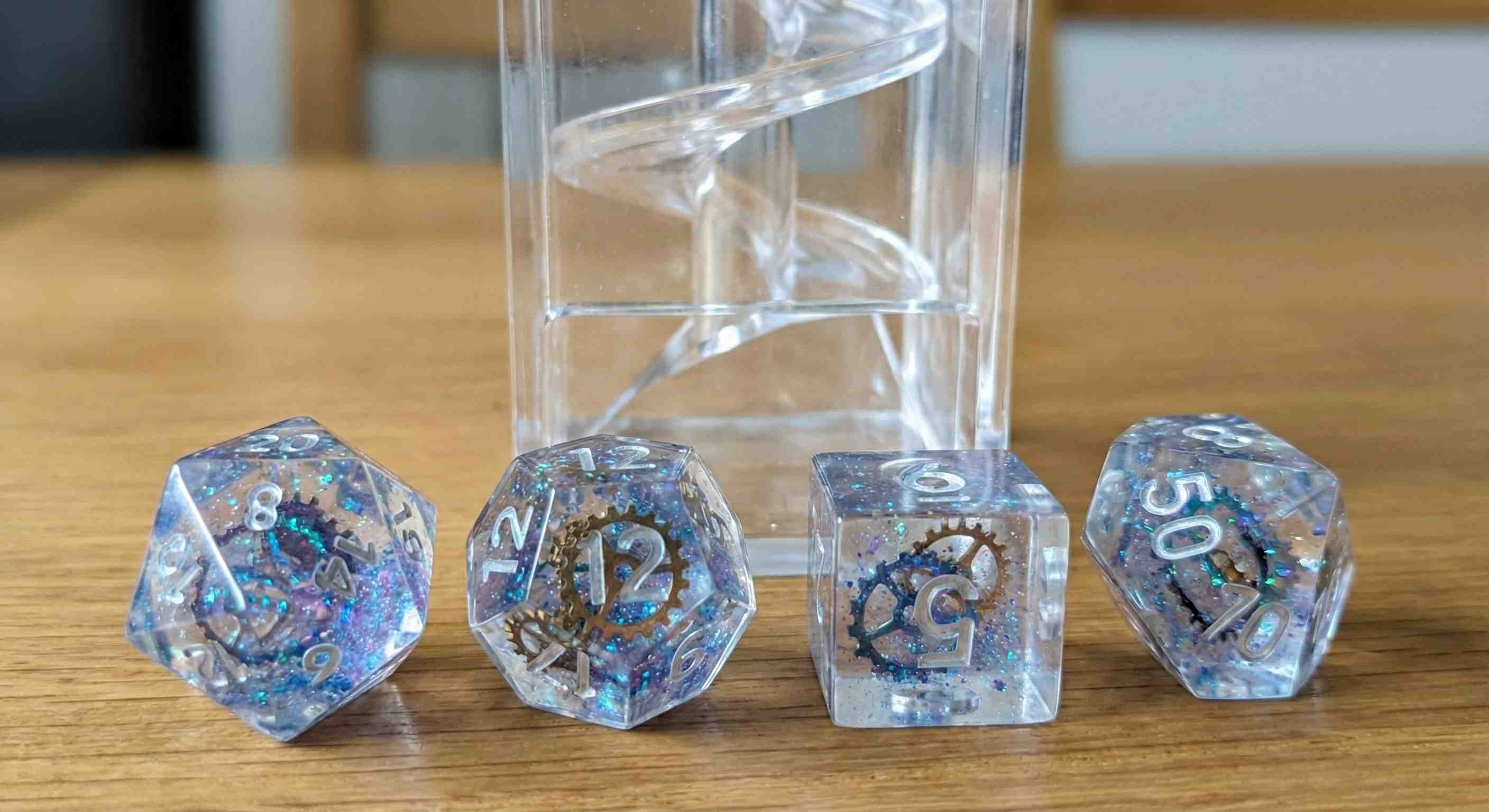 Transparent resin gaming accessories - dice, dice towers, tokens