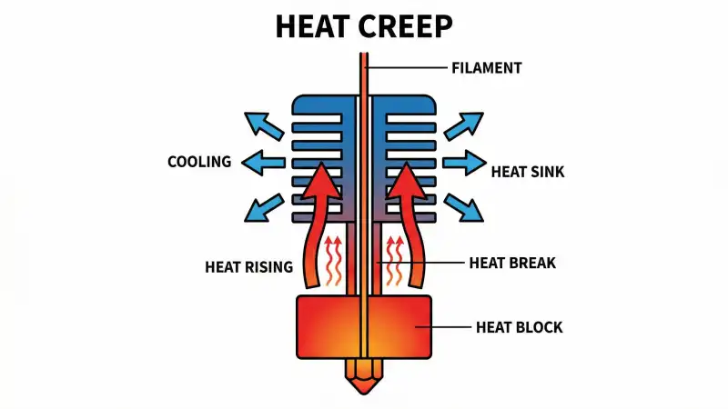 Heat creep diagram – heat rising from hotend block into cold zone causing filament to soften and jam before nozzle