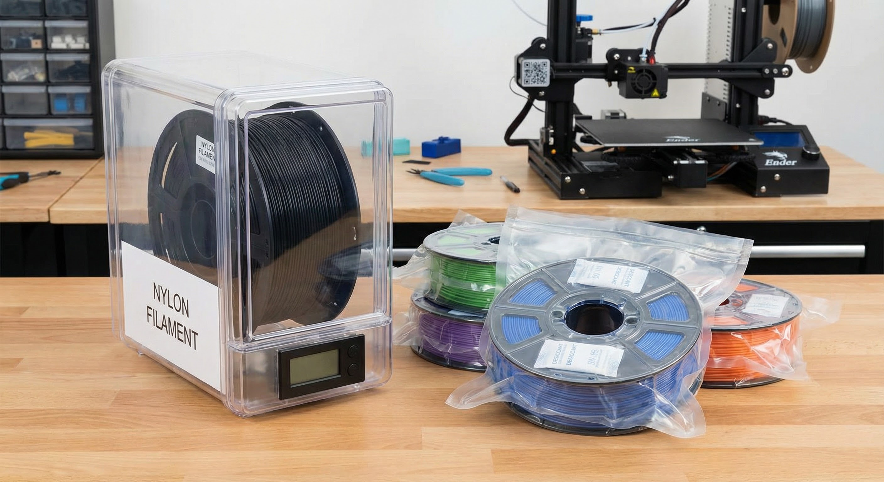 Filament dryer with nylon spool inside, sealed storage bags with desiccant for 3D printer filaments