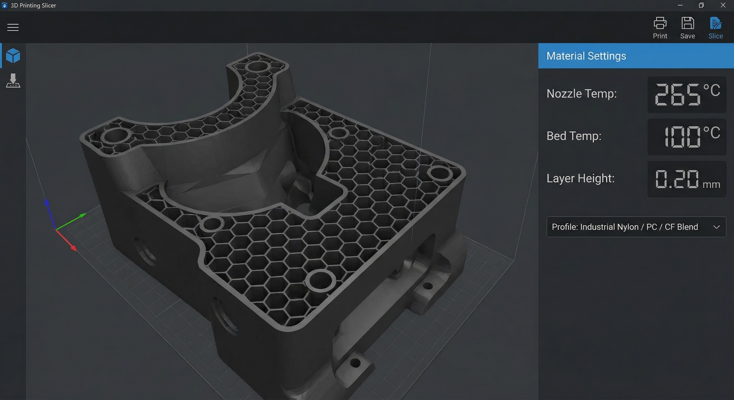Slicer software showing nozzle 265°C bed 100°C for nylon polycarbonate carbon fiber filaments
