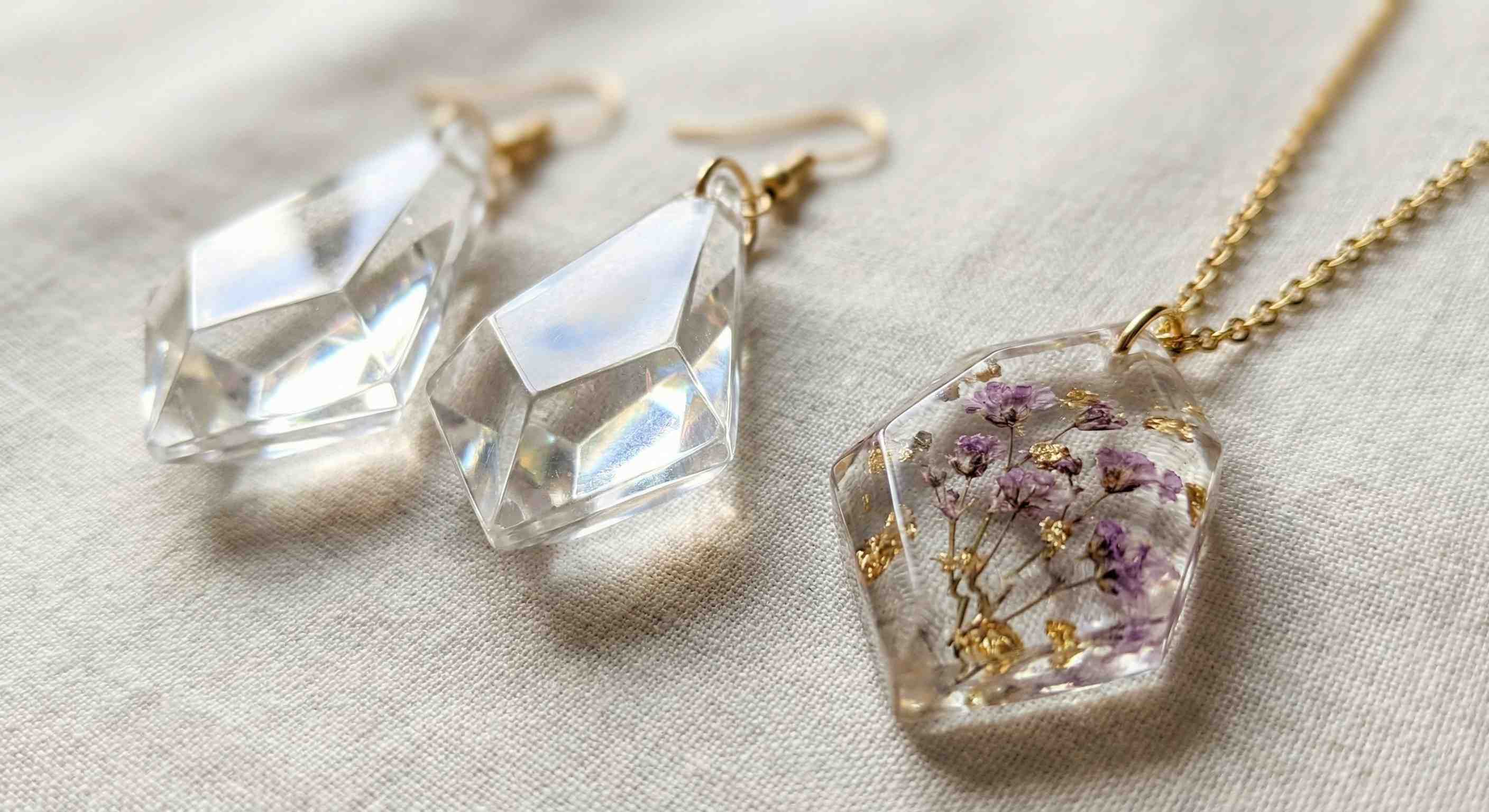 Clear resin jewelry and wearables - pendants, earrings, rings