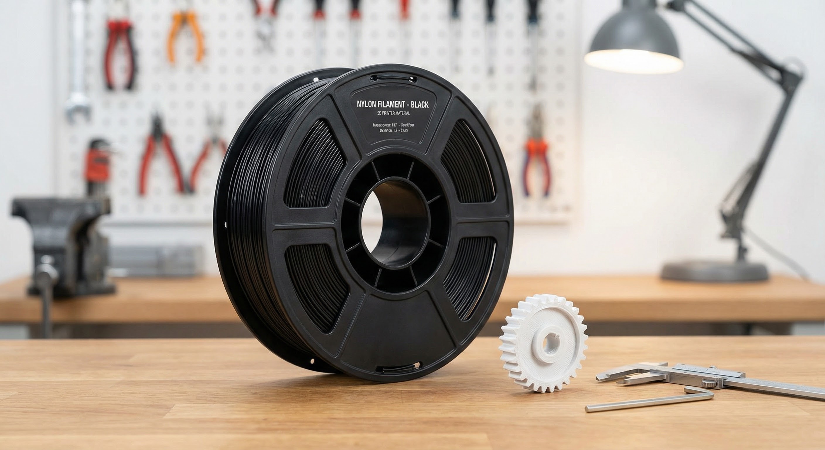 Black nylon PA6 filament spool next to white 3D printed gear and bushing on workshop desk