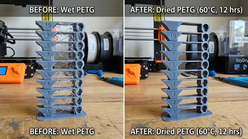 PETG print before and after drying – frosted stringy surface vs glossy smooth finish, less stringing