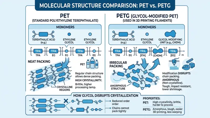 Diagram showing PET vs PETG molecular structure – glycol modification prevents crystallization in PETG filament
