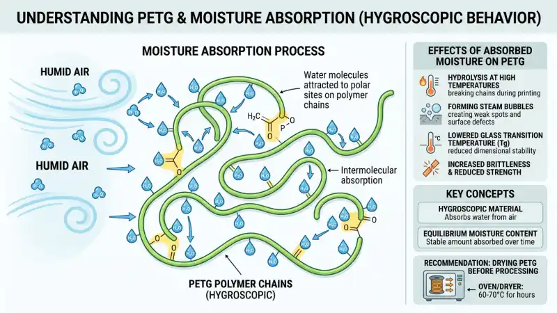 PETG hygroscopy diagram – water molecules bonding to polymer chains, moisture absorption causes bubbles and stringing
