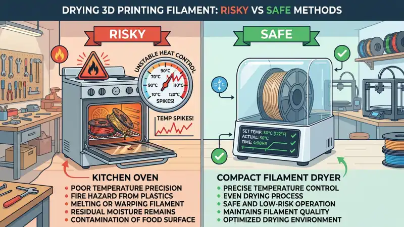 Kitchen oven vs filament dryer for PETG – oven hot spots risk, dedicated dryer safe temperature control