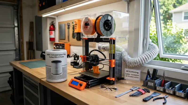 3D printer in ventilated workspace with air purifier – PETG printing safety and VOC reduction