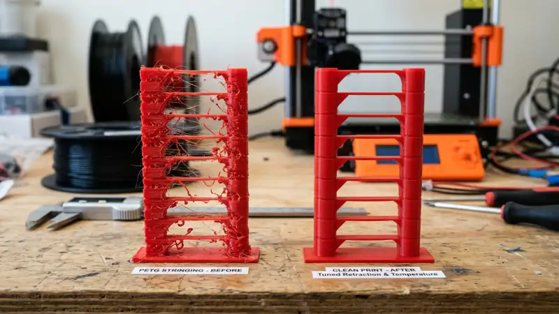 PETG 3D print comparison – stringing on wet filament vs clean print with dry filament and tuned retraction
