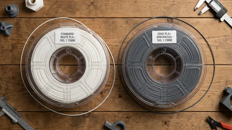 PLA and PLA+ filament spools side by side – white PLA vs gray PLA+ 1kg spools for 3D printing comparison
