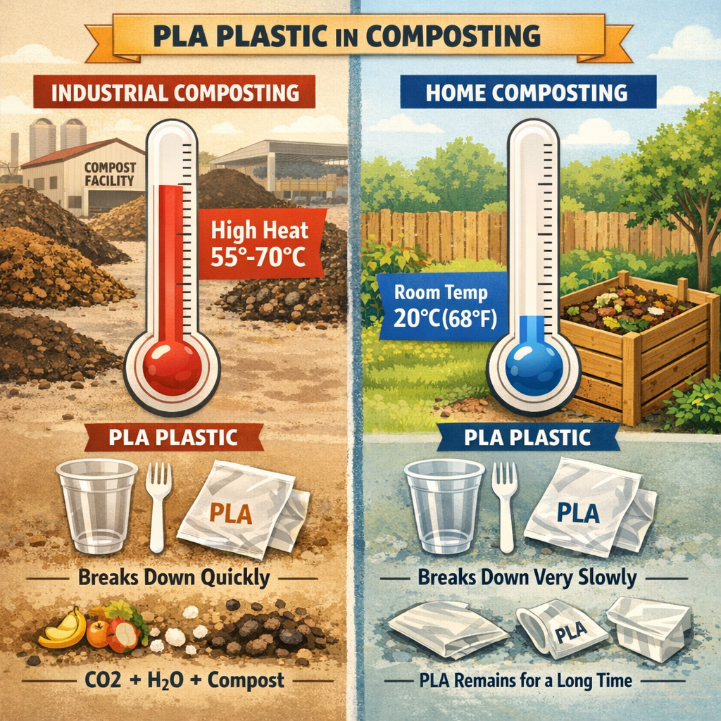 Industrial composting 55-70°C vs home compost. PLA needs industrial conditions to biodegrade