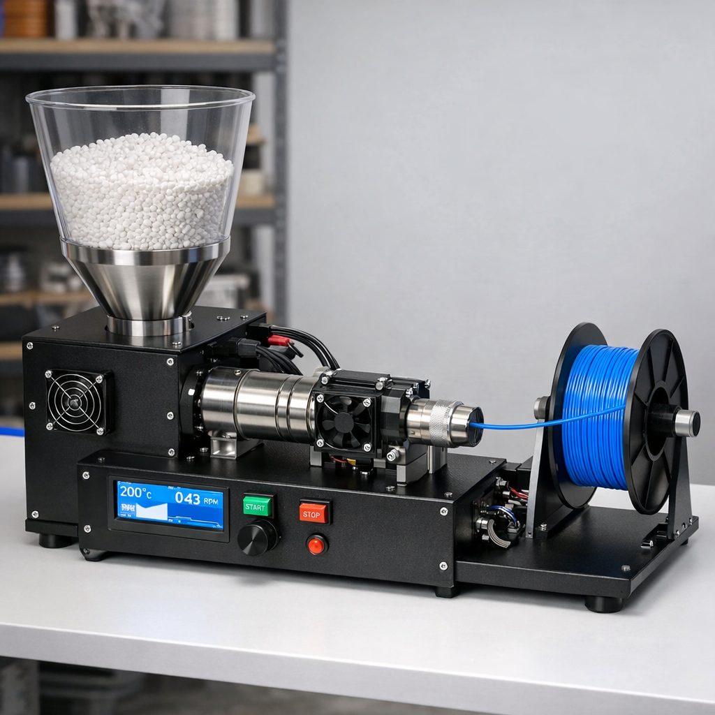 Desktop filament extruder. Shredded PLA fed in, new filament extruded for reuse