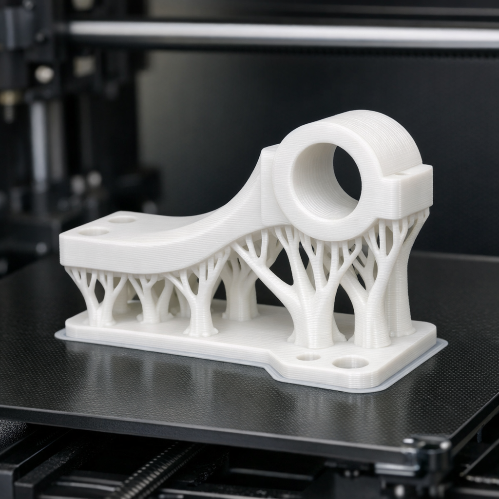 PLA print with tree supports. Optimized supports use 30-50 percent less material